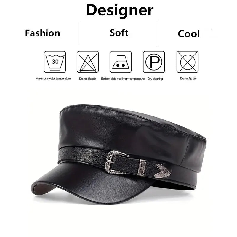 Boina de couro masculina e feminina com fivela de cinto, bonés de marinheiro preto, parte superior plana, bonés de capitão militar, moda feminina, grande, primavera, outono