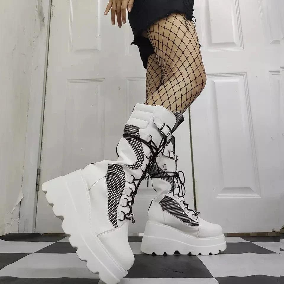 Mulheres botas altas cosplay meados de bezerro botas de plataforma alta cunhas botas 2025 outono inverno novo designer sapatos góticos para mulher botas