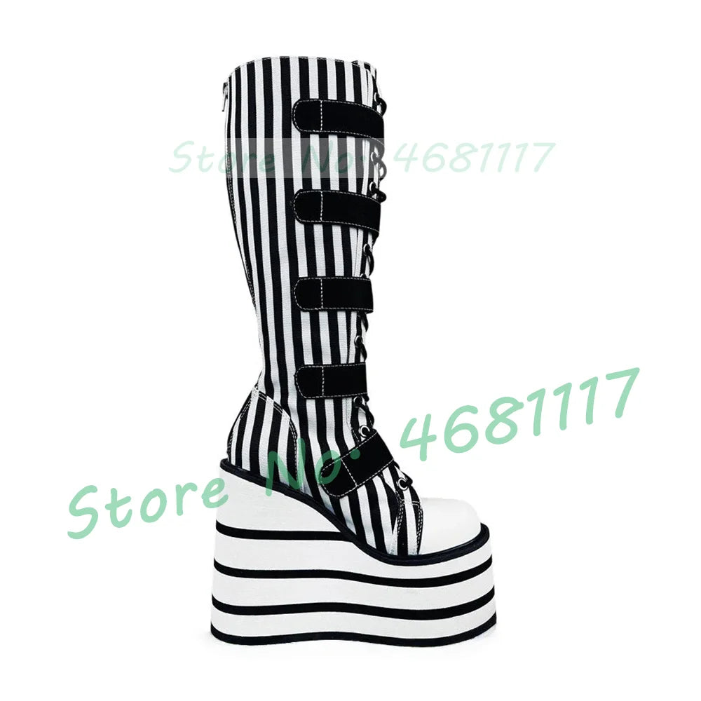 Preto listrado plataforma sapatos de lona longa menina doce metal estrela fivela de cinto botas de renda moda dedo do pé redondo legal lolita sapatos