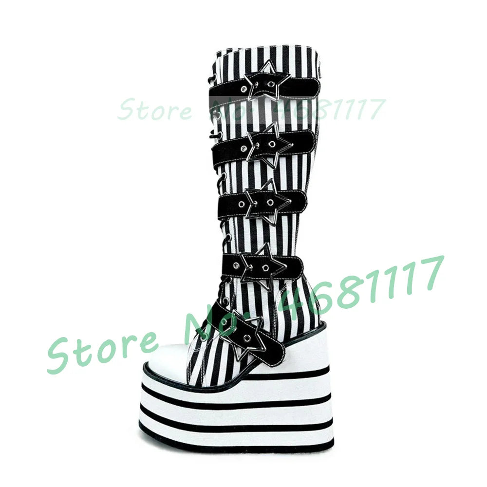 Preto listrado plataforma sapatos de lona longa menina doce metal estrela fivela de cinto botas de renda moda dedo do pé redondo legal lolita sapatos