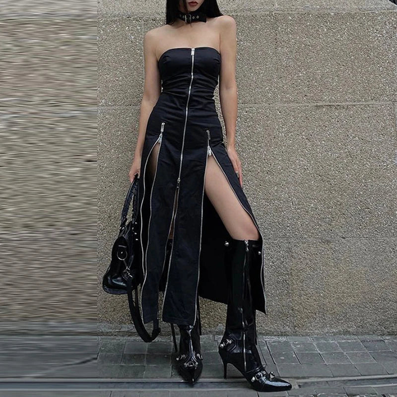 Goth escuro techwear moda zip up midi vestidos cyber y2k shopping gótico split feminino tubo vestido partywear punk fora do ombro outfits