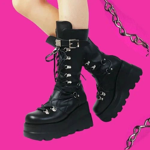 Mulheres botas altas cosplay meados de bezerro botas de plataforma alta cunhas botas 2025 outono inverno novo designer sapatos góticos para mulher botas