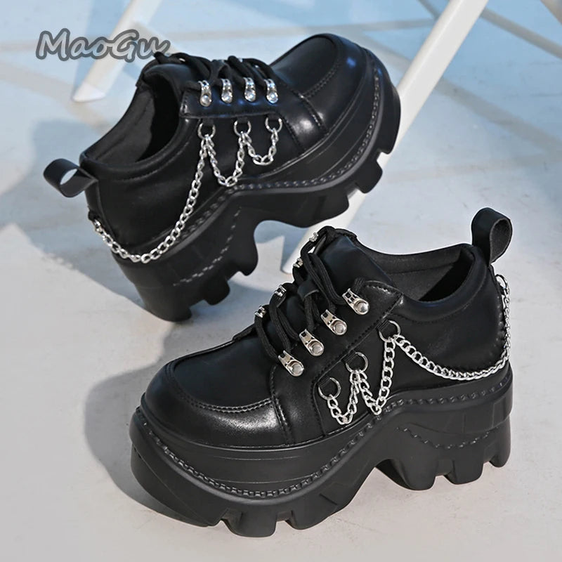 Gótico punk chunky tênis para mulher plutônio preto corrente decoração plataforma sapatos casuais mulher sola grossa não deslizamento tênis tamanho 35-42