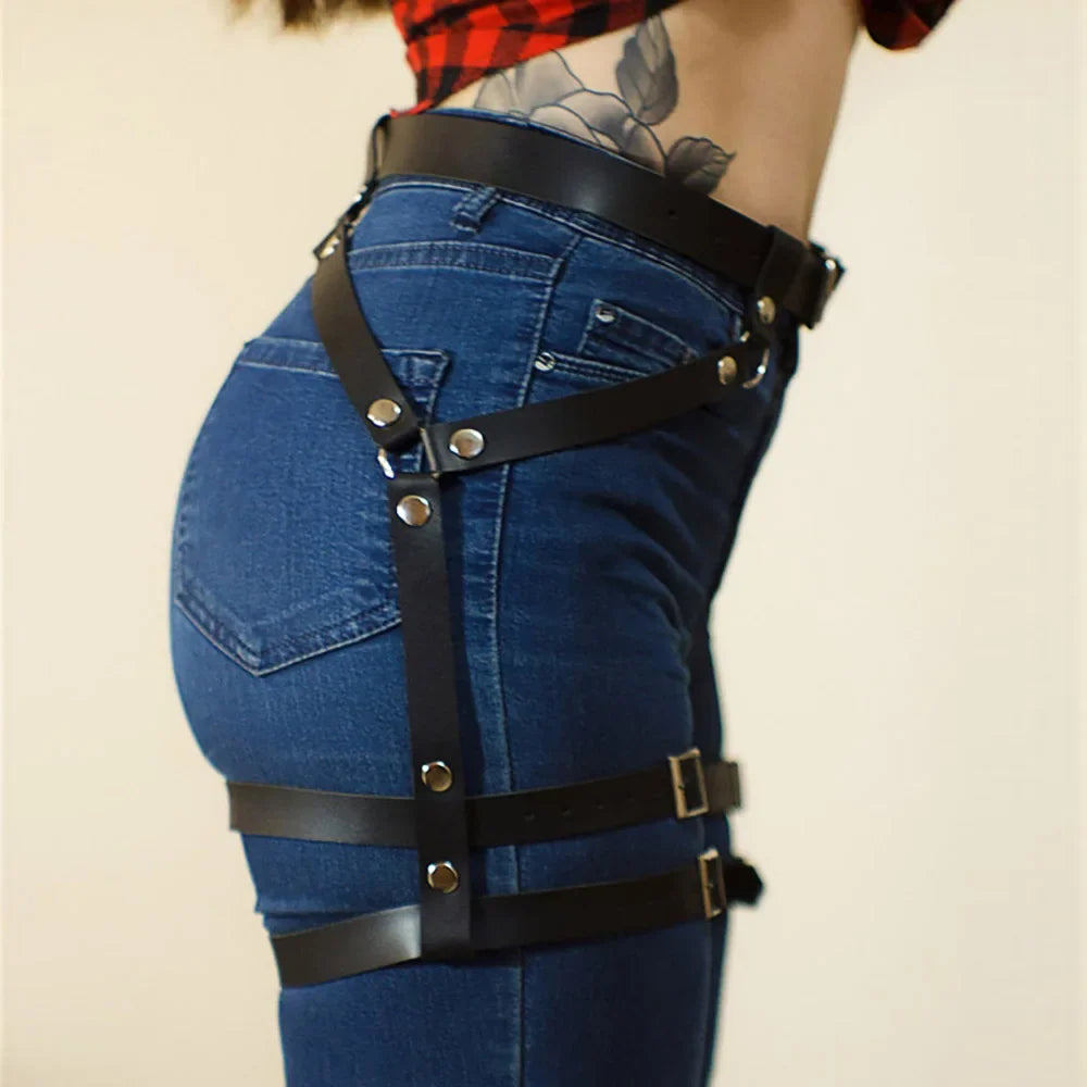 Moda feminina couro do plutônio perna arnês corpo arnês peito punk gótico perna liga cintos gótico cinto roupas accessor