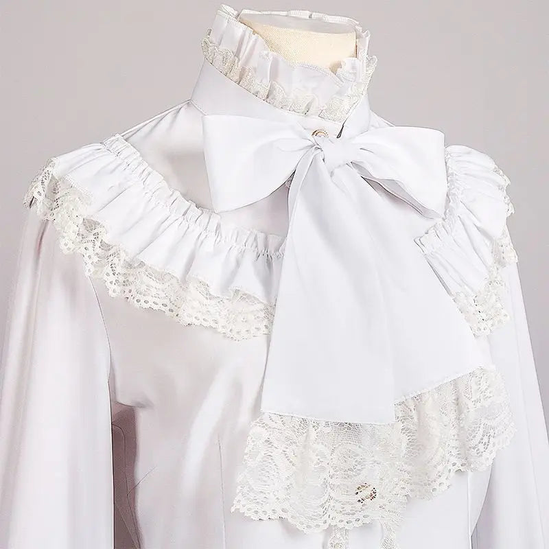 Nova Chegada Verão 2026: Blusa Feminina Vintage com Gola Franzida, Gola Alta, Detalhe em Renda e Botões – Elegante Estilo Gótico