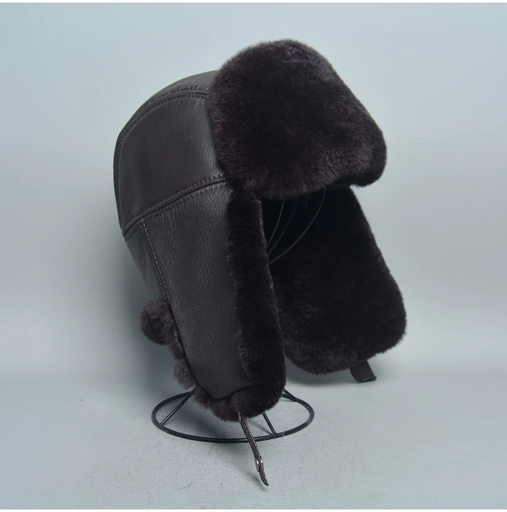 Novo unissex real rex pele de coelho bombardeiro chapéu ushanka boné trapper russo das mulheres dos homens chapéus de esqui bonés de couro de pele de carneiro real inverno quente