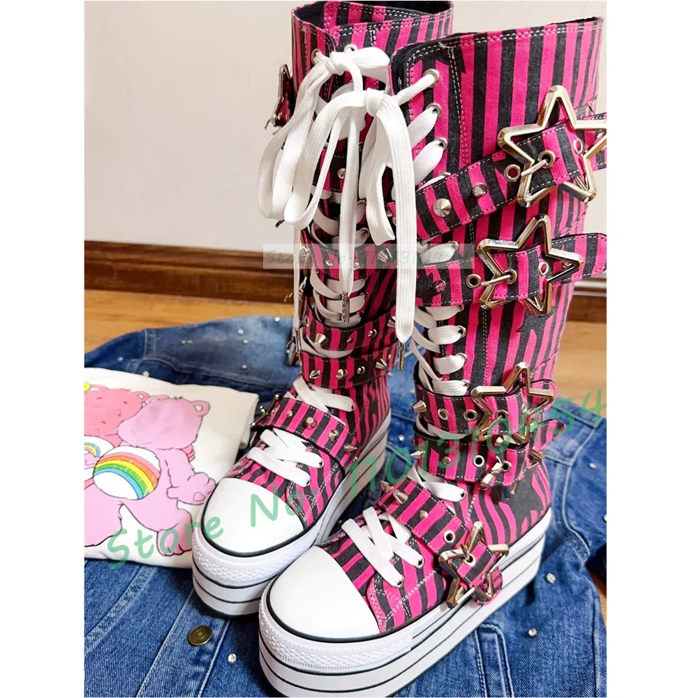 Preto listrado plataforma sapatos de lona longa menina doce metal estrela fivela de cinto botas de renda moda dedo do pé redondo legal lolita sapatos
