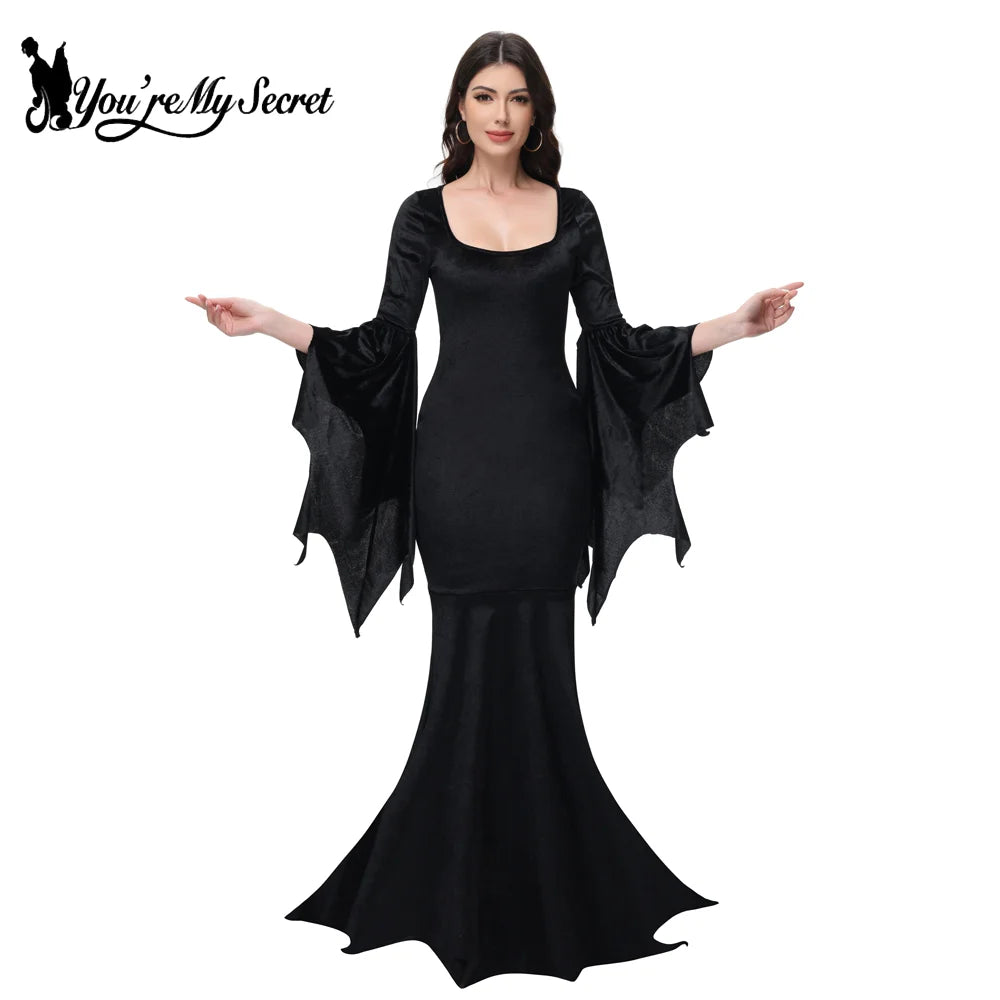[You're My Secret] Halloween Morticia Adams Primate Black Adams Family Dress Retro Gótico Manga Alargada Vestido rabo de peixe