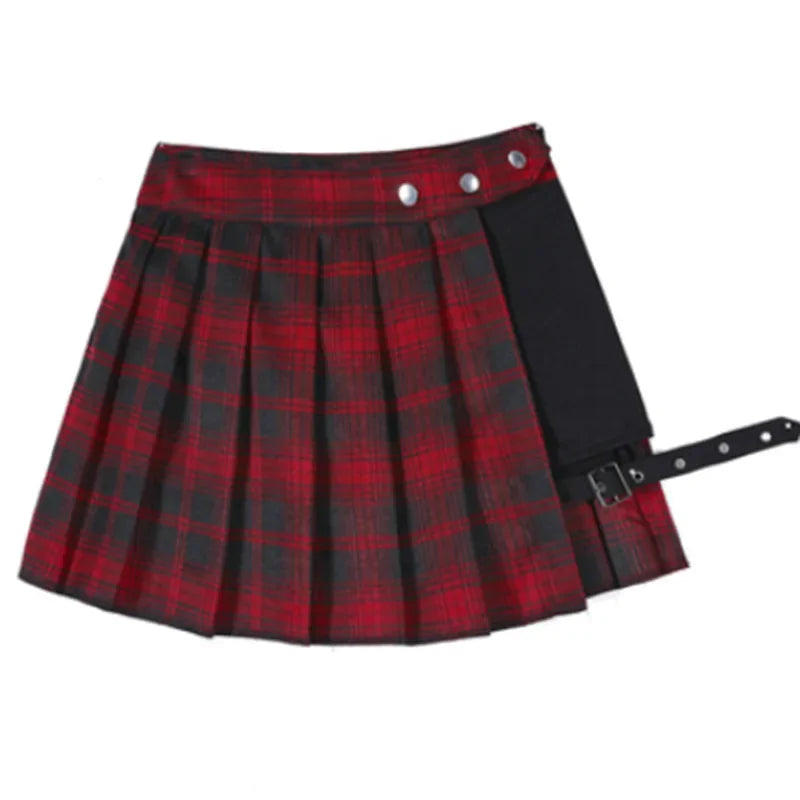 Verão harajuku estilo punk xadrez saias irregulares mulheres assimétricas cintura alta saias pretas plissadas meninas gótico meia saias