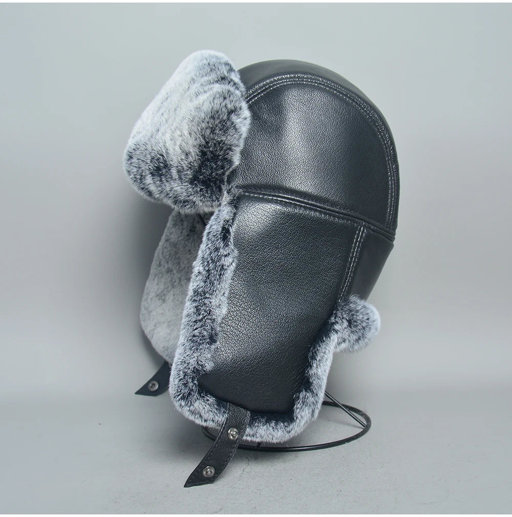 Novo unissex real rex pele de coelho bombardeiro chapéu ushanka boné trapper russo das mulheres dos homens chapéus de esqui bonés de couro de pele de carneiro real inverno quente