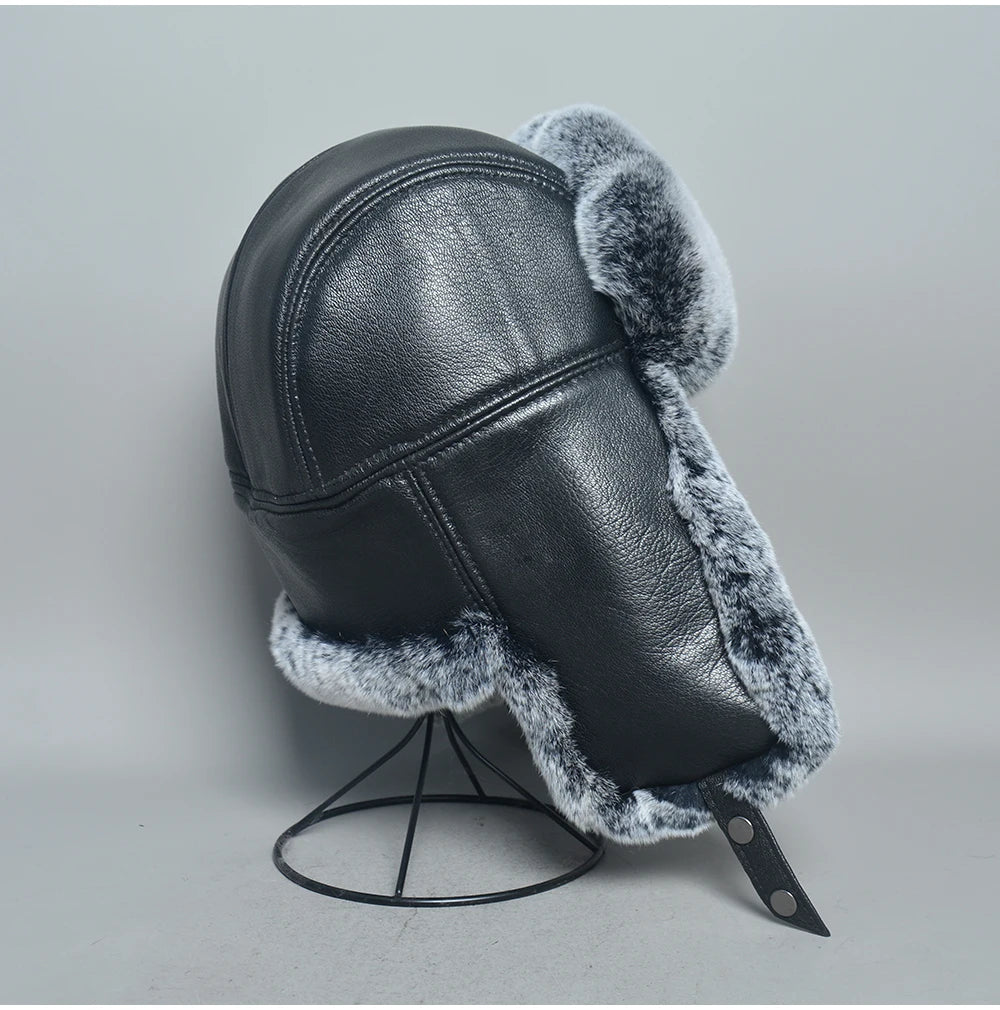 Novo unissex real rex pele de coelho bombardeiro chapéu ushanka boné trapper russo das mulheres dos homens chapéus de esqui bonés de couro de pele de carneiro real inverno quente