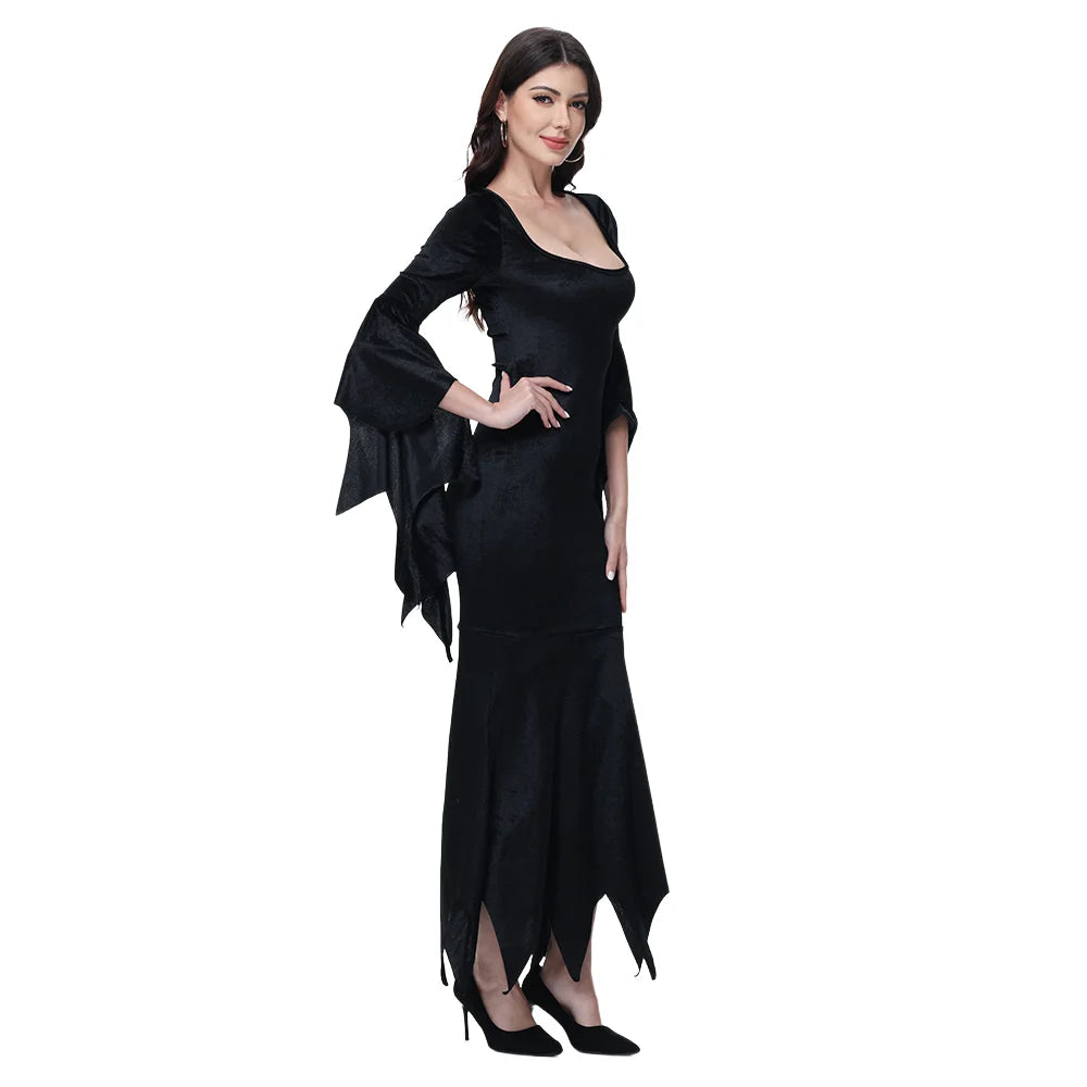 [You're My Secret] Halloween Morticia Adams Primate Black Adams Family Dress Retro Gótico Manga Alargada Vestido rabo de peixe