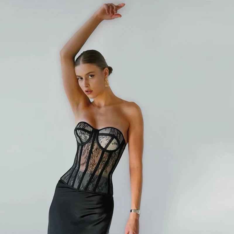 Aço osso korset mulher oco para fora sutiã de renda sem alças bustier superior malha lingerie feminina preto branco biege espartilho