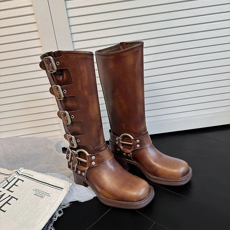 Botas Altas de Couro Genuíno para Mulheres com Fivela de Metal, Bico Quadrado, Estilo Punk, Salto Grosso, Botas de Motociclista