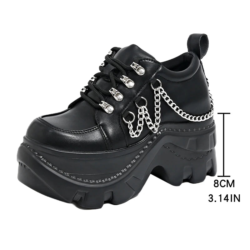 Gótico punk chunky tênis para mulher preto corrente decoração plataforma sapatos esportivos mulher sola grossa não deslizamento punk tênis plus size