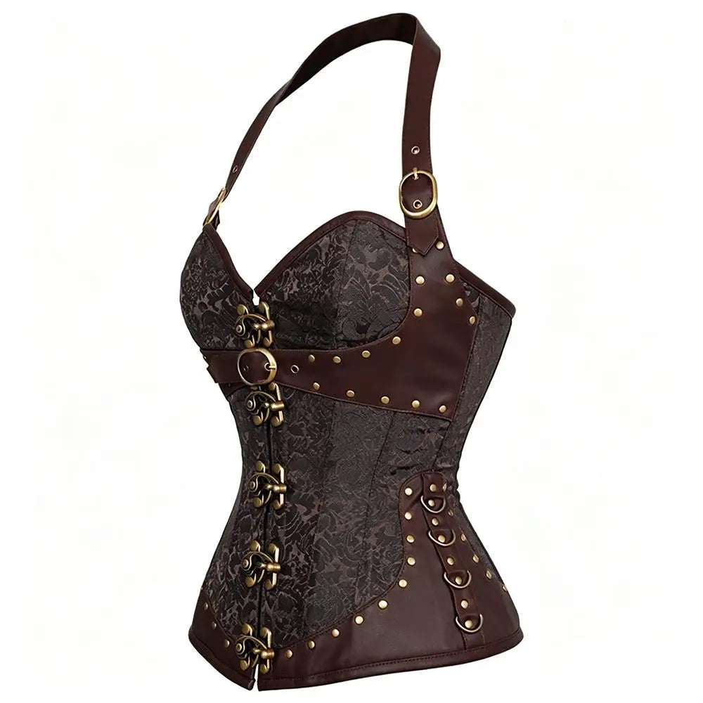 Corset Feminino Estilo Vitoriano Gótico com Alça no Pescoço e Botões - Top Modelador Bustiê