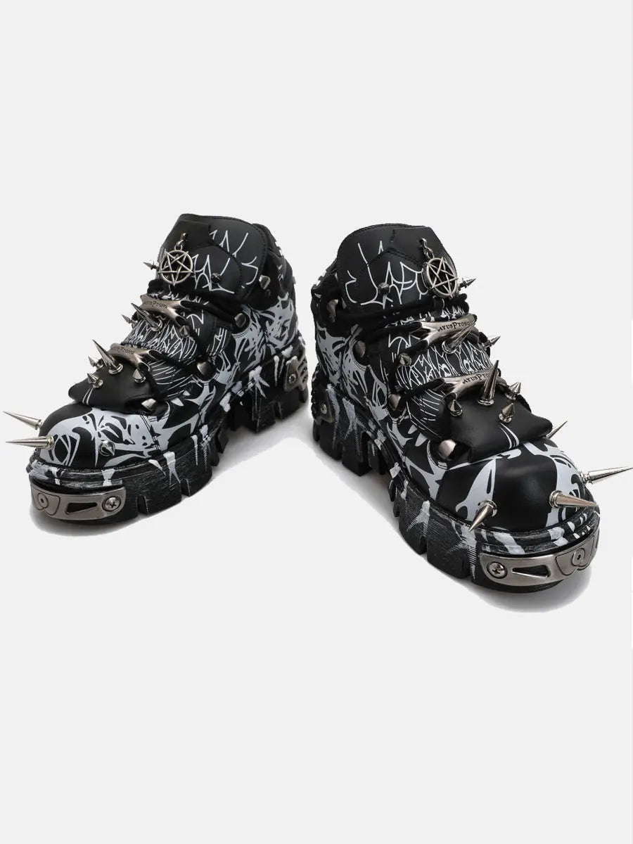 2026 Novo Design Original Plataforma Graffiti Unissex com Rebites Escuros Estilo Rock Punk, Tênis Casual Dad Shoes com Sola Plataforma