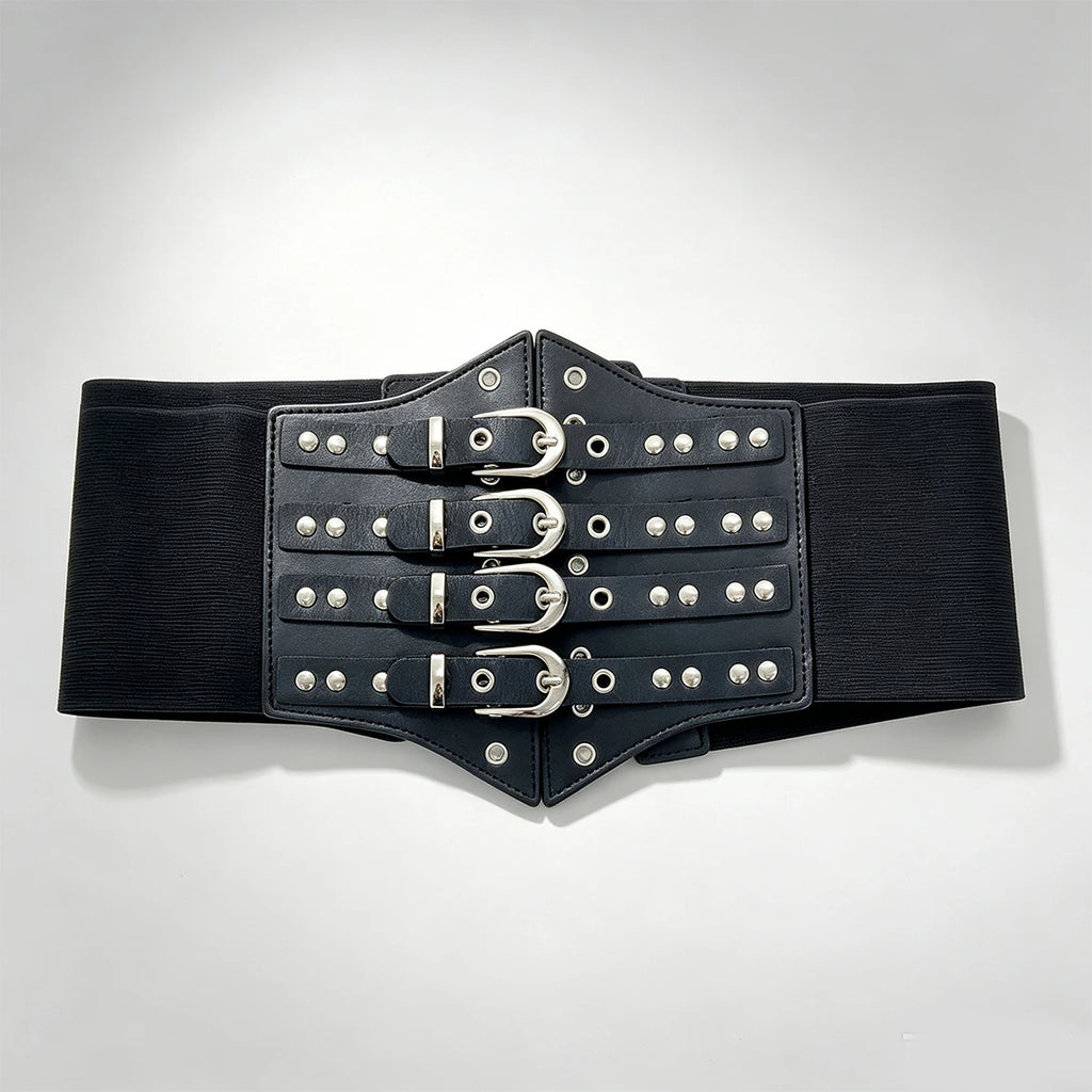 Novo Cinto Largo Punk Preto em Couro PU para Mulheres, Cintos Modeladores de Cintura Alta Elásticos, Cintos Pretos para Vestidos Femininos.