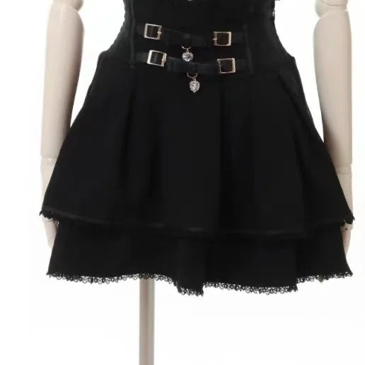 Minissaia Feminina Estilo Lolita Doce Japonês, Retro Elegante, com Renda e Faixas, Saias de Festa em Camadas, Gótica Y2k com Fivelas Metálicas