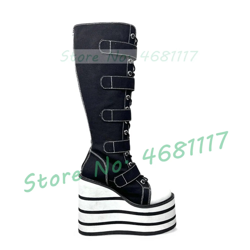 Preto listrado plataforma sapatos de lona longa menina doce metal estrela fivela de cinto botas de renda moda dedo do pé redondo legal lolita sapatos