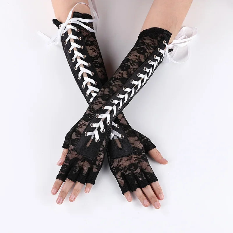 Luvas de Renda Gótica Fishnet até o Cotovelo