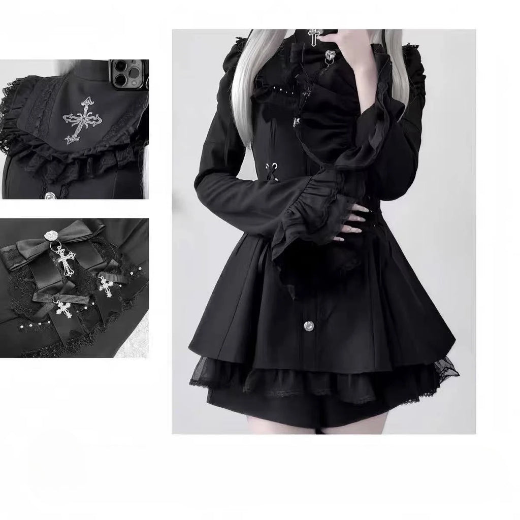 Y2k estética lolita estilo arco vestido shorts conjunto japonês feminino gótico renda alargamento manga botão camisa vestido punk festa mini vestido