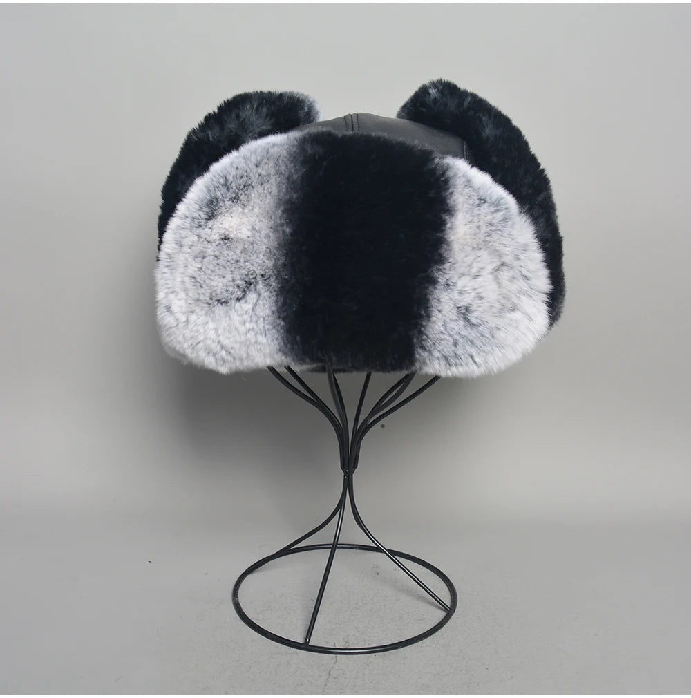 Novo unissex real rex pele de coelho bombardeiro chapéu ushanka boné trapper russo das mulheres dos homens chapéus de esqui bonés de couro de pele de carneiro real inverno quente