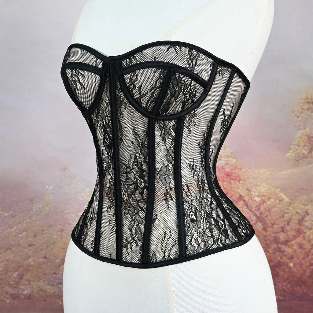 Aço osso korset mulher oco para fora sutiã de renda sem alças bustier superior malha lingerie feminina preto branco biege espartilho