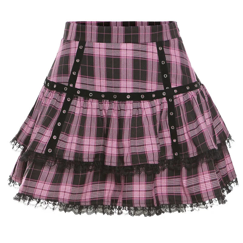 FICHOR-Mulheres Góticas Renda Ruffle Mini Saias, Harajuku, Fairy Grunge, Xadrez Rosa, Plissado, Japonês Lolita Streetwear, Mall Goth