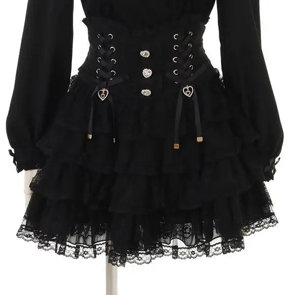 Minissaia Feminina Estilo Lolita Doce Japonês, Retro Elegante, com Renda e Faixas, Saias de Festa em Camadas, Gótica Y2k com Fivelas Metálicas