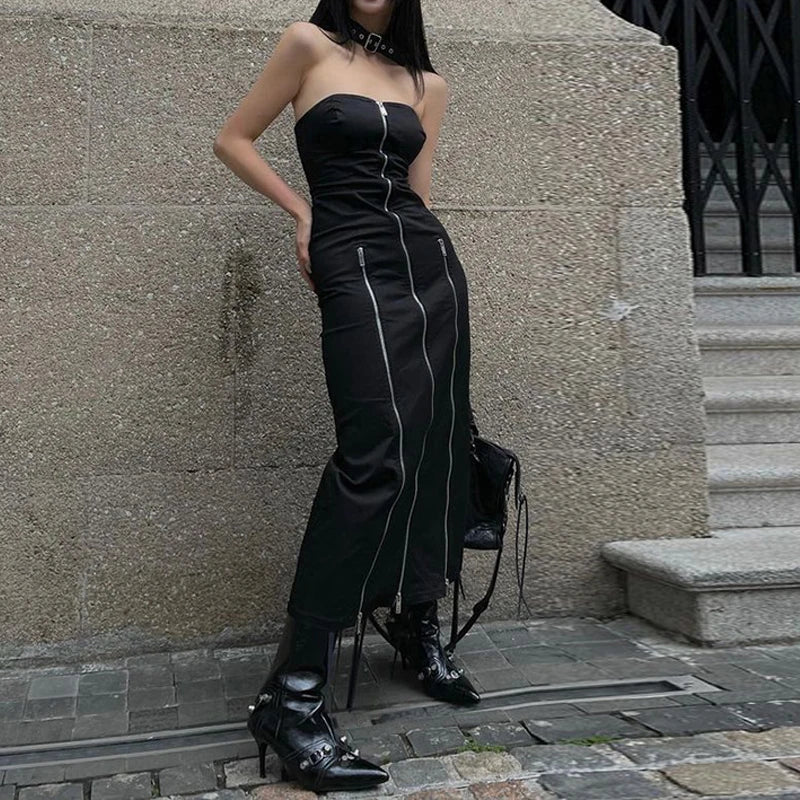 Goth escuro techwear moda zip up midi vestidos cyber y2k shopping gótico split feminino tubo vestido partywear punk fora do ombro outfits