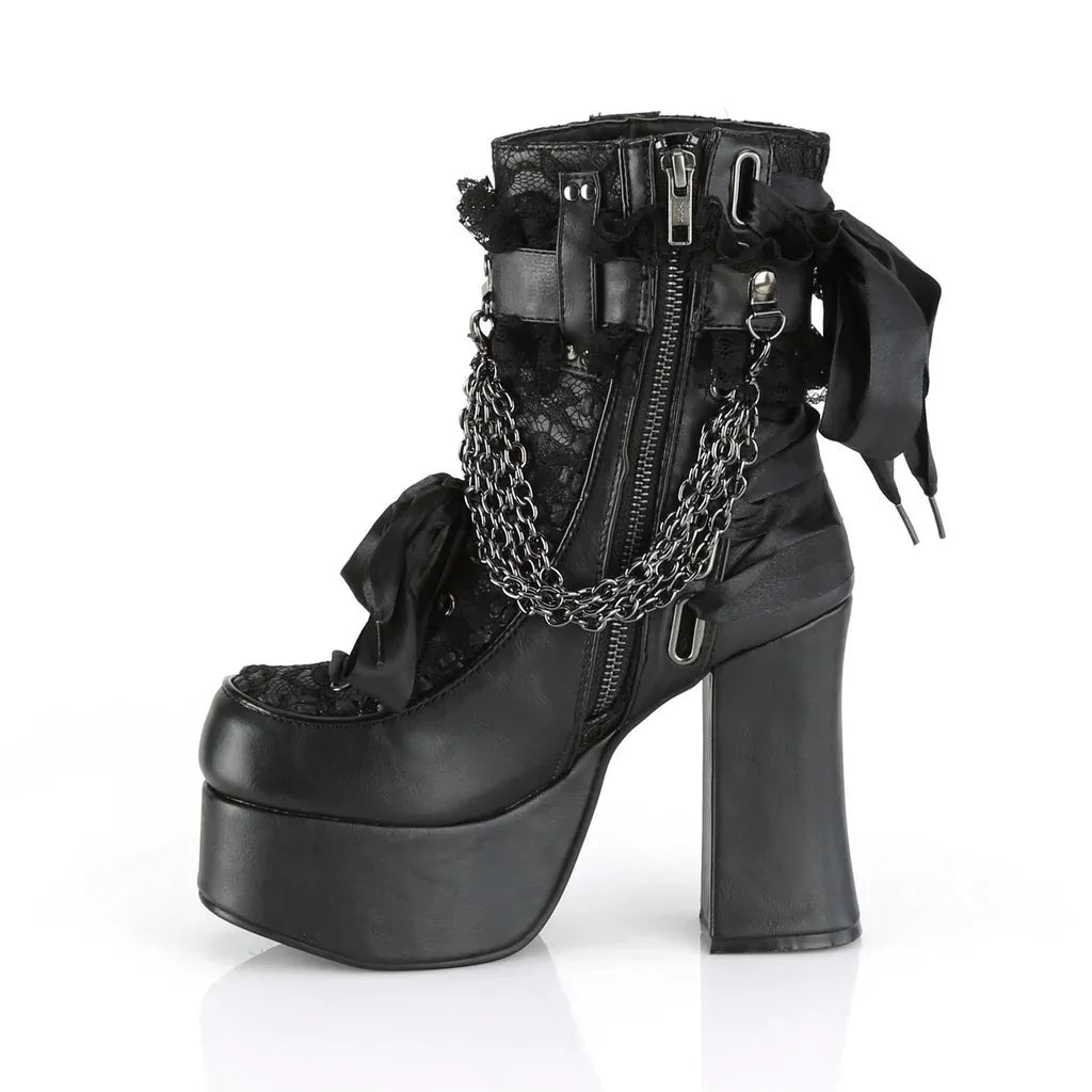 Estilo gótico corrente rendas até arco botas curtas femininas retro dedo do pé redondo salto quadrado plataforma grossa tornozelo botas punk senhoras sapatos de festa