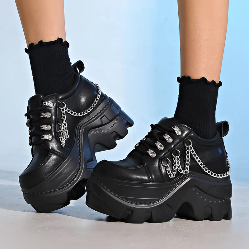 Gótico punk chunky tênis para mulher preto corrente decoração plataforma sapatos esportivos mulher sola grossa não deslizamento punk tênis plus size