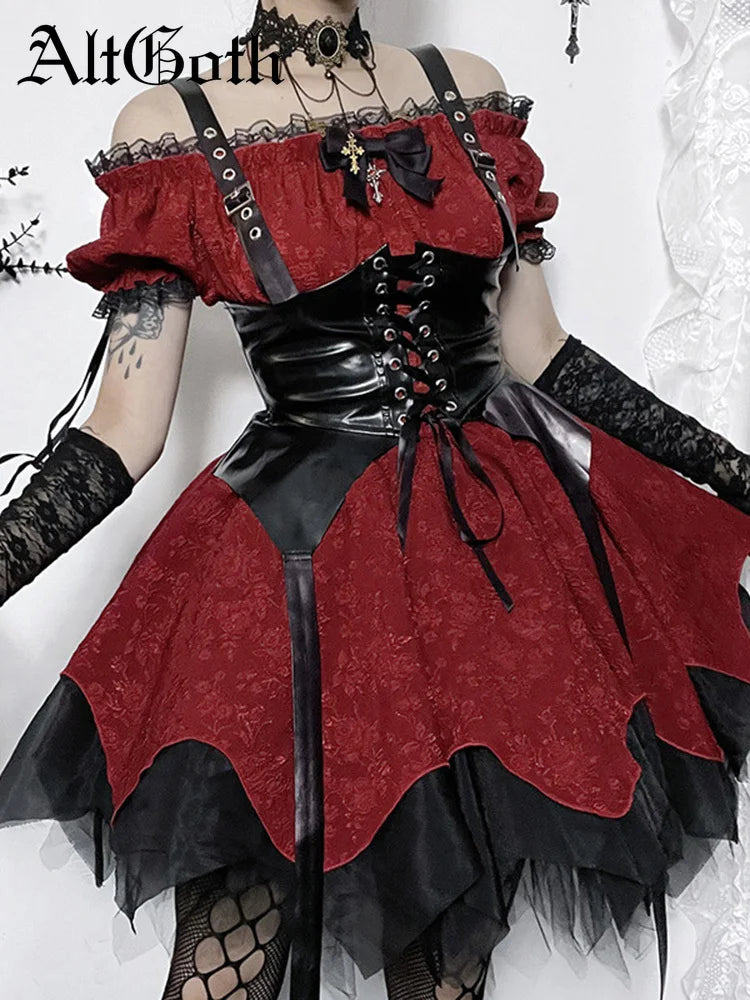 Altgoth escuro academia gótico vestido feminino harajuku streetwear fairycore grunge rendas retalhos puff manga vestido de cintura alta feminino