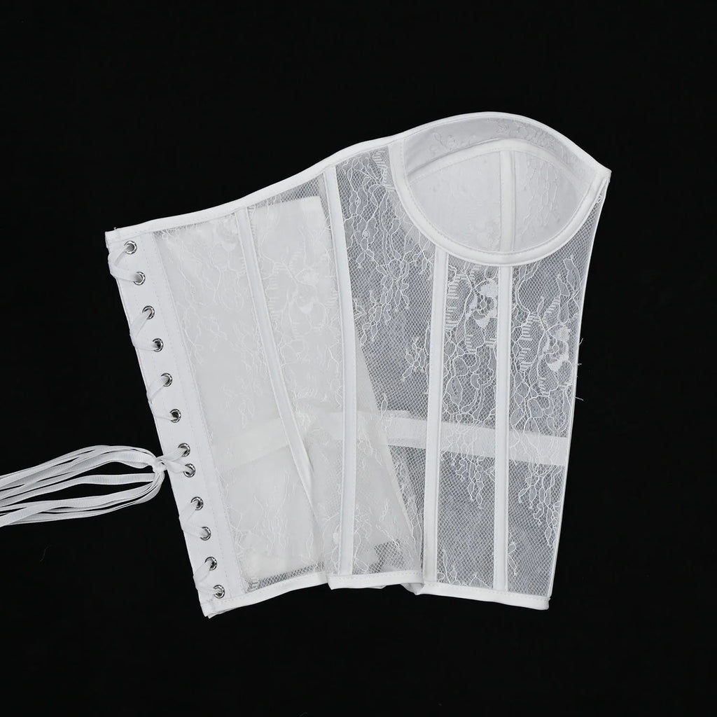 Aço osso korset mulher oco para fora sutiã de renda sem alças bustier superior malha lingerie feminina preto branco biege espartilho