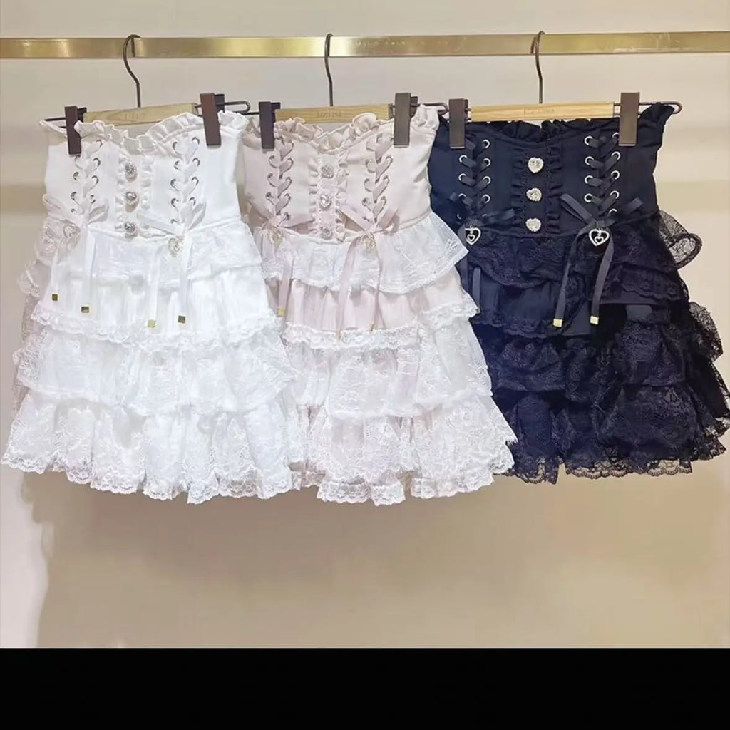 Minissaia Feminina Estilo Lolita Doce Japonês, Retro Elegante, com Renda e Faixas, Saias de Festa em Camadas, Gótica Y2k com Fivelas Metálicas