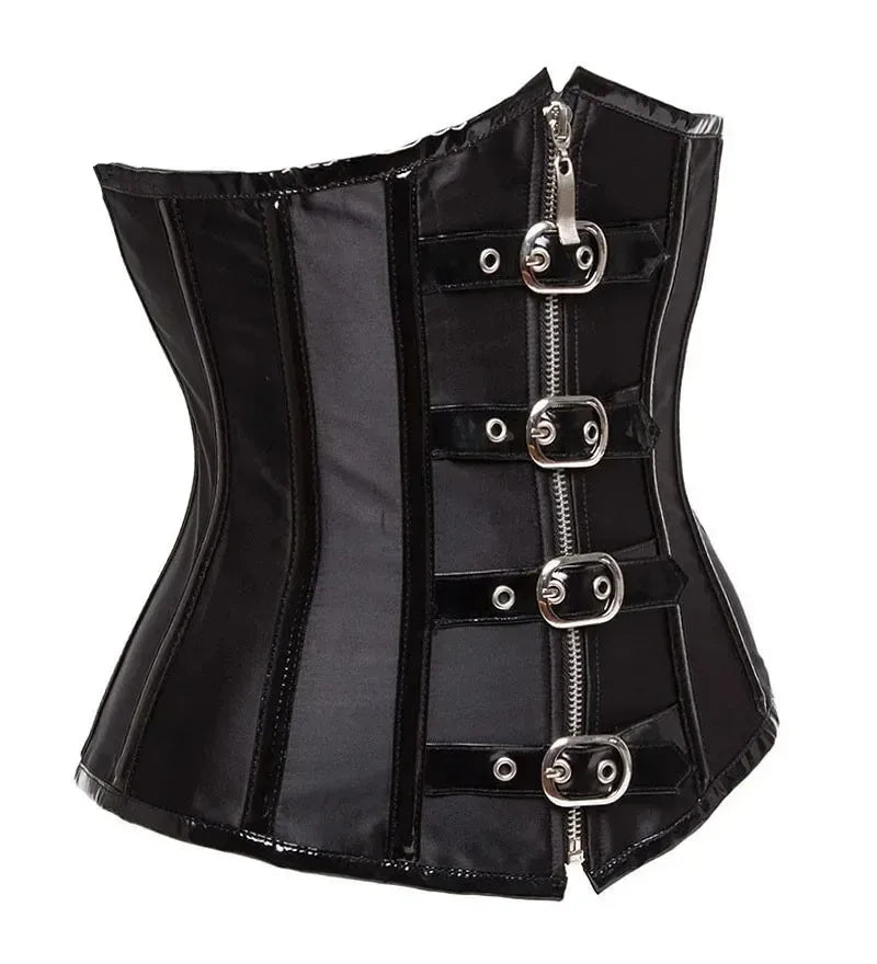Corset Gótico Steampunk Underbust Preto e Vermelho com Espiral de Aço, Treinador de Cintura, Bustiê com Zíper e Fivelas, Corselete Modelador