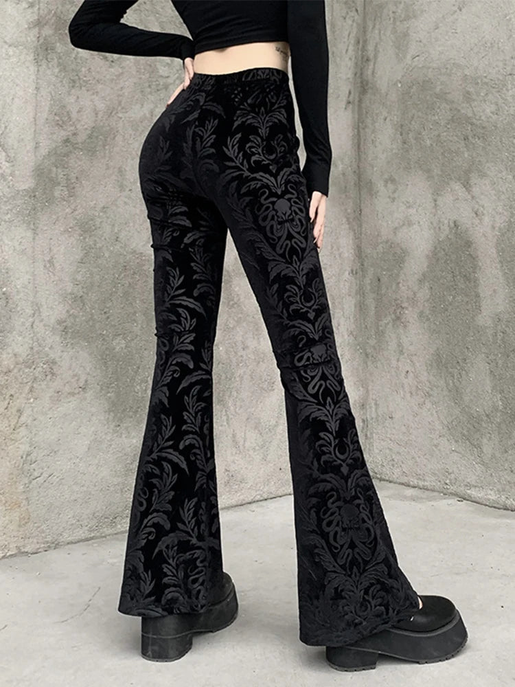 AltGoth-Calças vintage de veludo gótico escuro feminino, cintura alta, monocromática, preta, casual, flare, Harajuku, streetwear feminino, Y2K