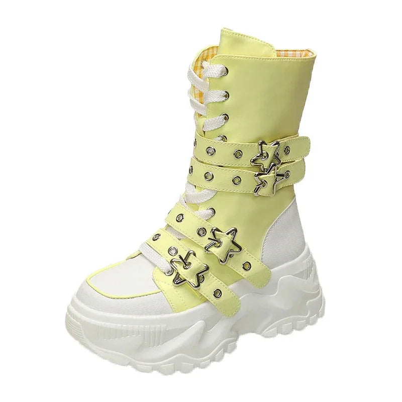 Novas Botas Femininas Y2K Rock Plataforma Verão 2026 Góticas com Fivela de Cinto de Estrela de Metal, Sola Grossa, Cano Médio, Calçados Punk de Designer