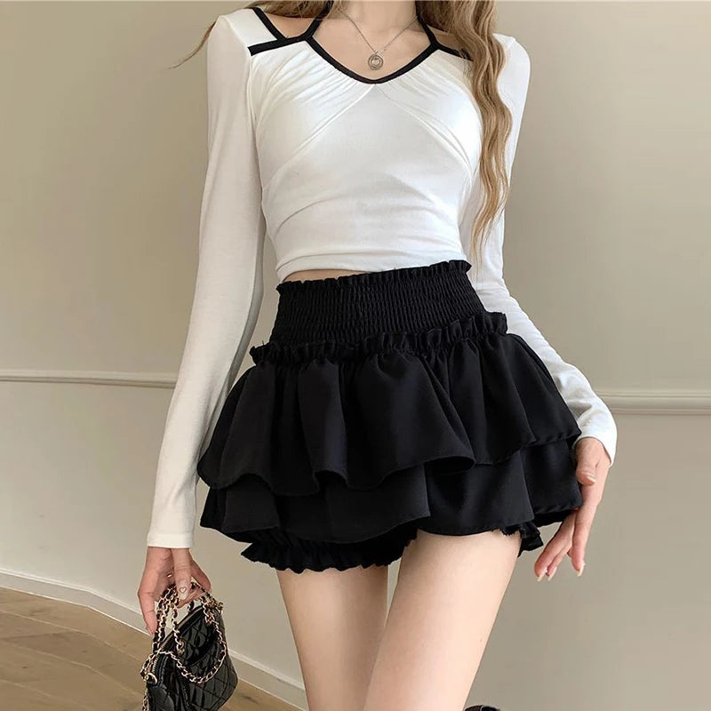 Saias Femininas com Camadas e Babados, Minissaia com Detalhes Cruzados, Shorts Embutidos, Skort Japonês Kawaii, Estilo Gótico Punk Y2K, Harajuku Anos 90, Sexy