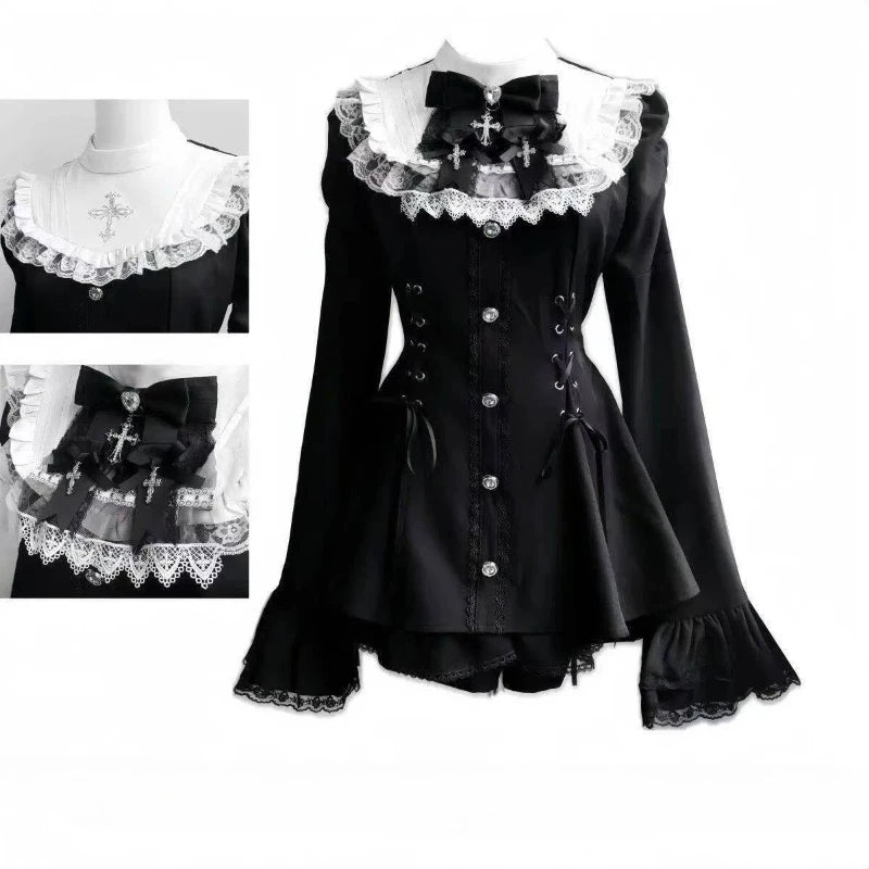 Y2k estética lolita estilo arco vestido shorts conjunto japonês feminino gótico renda alargamento manga botão camisa vestido punk festa mini vestido