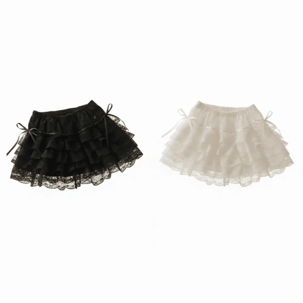Shorts de Renda com Laço e Flores Estilo Lolita, com Cordão e Babados em Camadas, Saia de Renda de Verão, Calças de Suporte e Peça Externa
