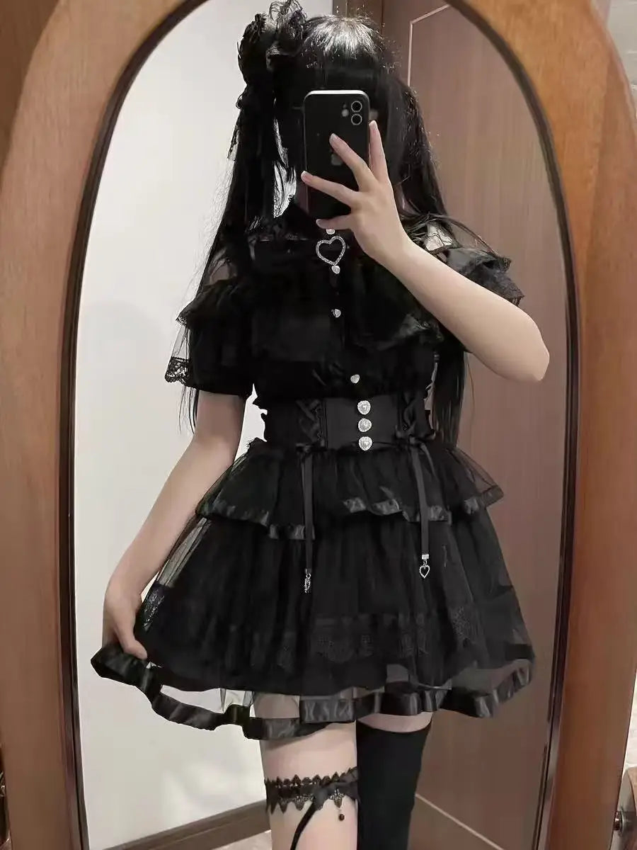 Minissaia Feminina Estilo Lolita Doce Japonês, Retro Elegante, com Renda e Faixas, Saias de Festa em Camadas, Gótica Y2k com Fivelas Metálicas