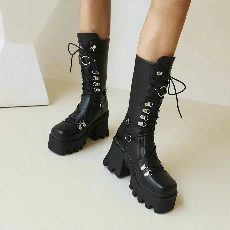 Mulheres botas altas cosplay meados de bezerro botas de plataforma alta cunhas botas 2025 outono inverno novo designer sapatos góticos para mulher botas