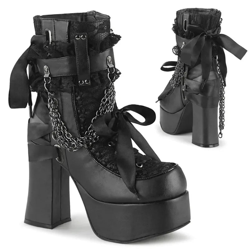 Estilo gótico corrente rendas até arco botas curtas femininas retro dedo do pé redondo salto quadrado plataforma grossa tornozelo botas punk senhoras sapatos de festa