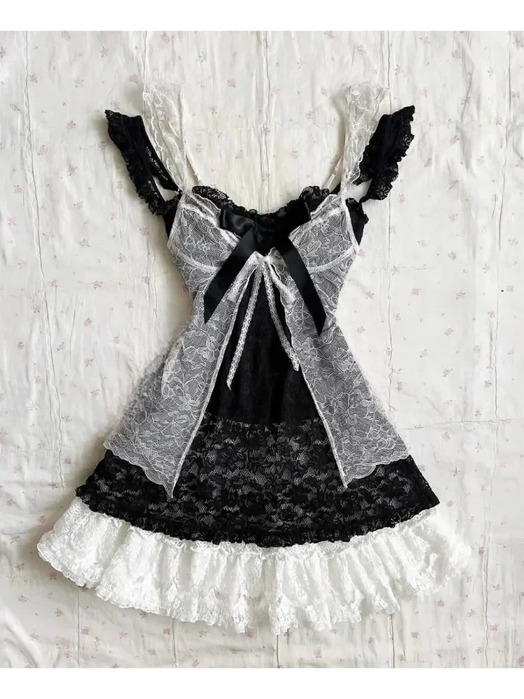 Vestido Gótico Vintage Japonês E-girl para Mulheres, Vestido Mini com Gola Alta, Manga Curta, Laço e Renda, Cintura Ajustada, Vestido Preto Doce e Picante