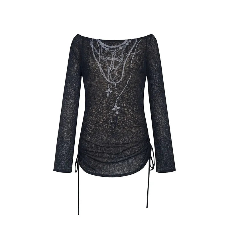 Karrcat grunge estética malha topos vintage tatuagem impressão camiseta wasteland punk preto com nervuras camiseta gótico alt streetwear