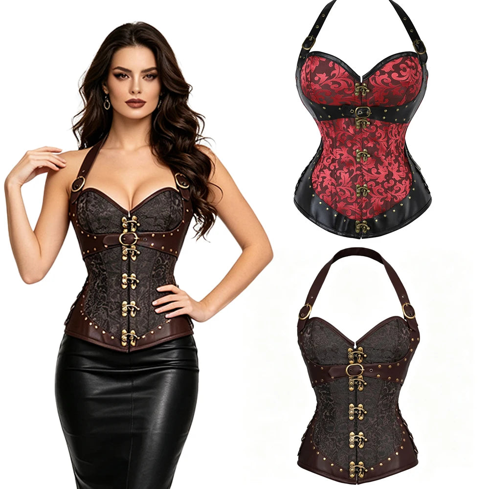 Corset Feminino Estilo Vitoriano Gótico com Alça no Pescoço e Botões - Top Modelador Bustiê