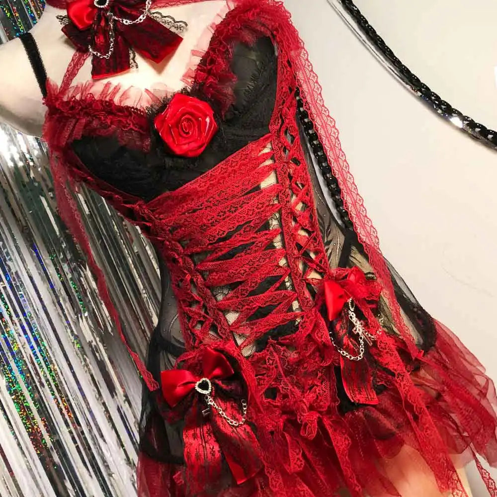 Vestido Gótico Y2K Vermelho para Mulheres, Vestido de Renda Emo ALT Grunge E-Girls Lolita, Vestido de Baile, Rave, Festival, Cyber Punk, Roupa Gótica de Estrela de Rock