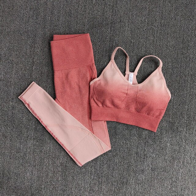 Ombre Gym Set Women Sport Suit Fitness Wear Sportswear Seamless Leggings Padded Sports Bras Yoga Sets Workout Clothing